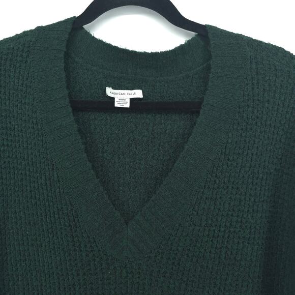 American Eagle VNeck Oversized Chunky Waffle Knit Tunic Hunter Green Split Hem M - Picture 3 of 12